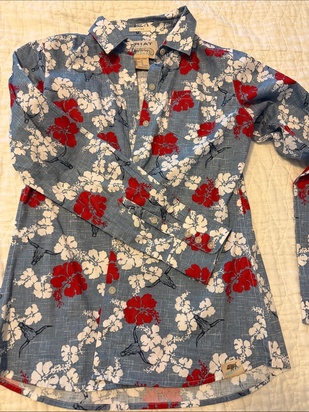 Ariat Chambray Blue Floral Button-Down Shirt with Red & White Blooms